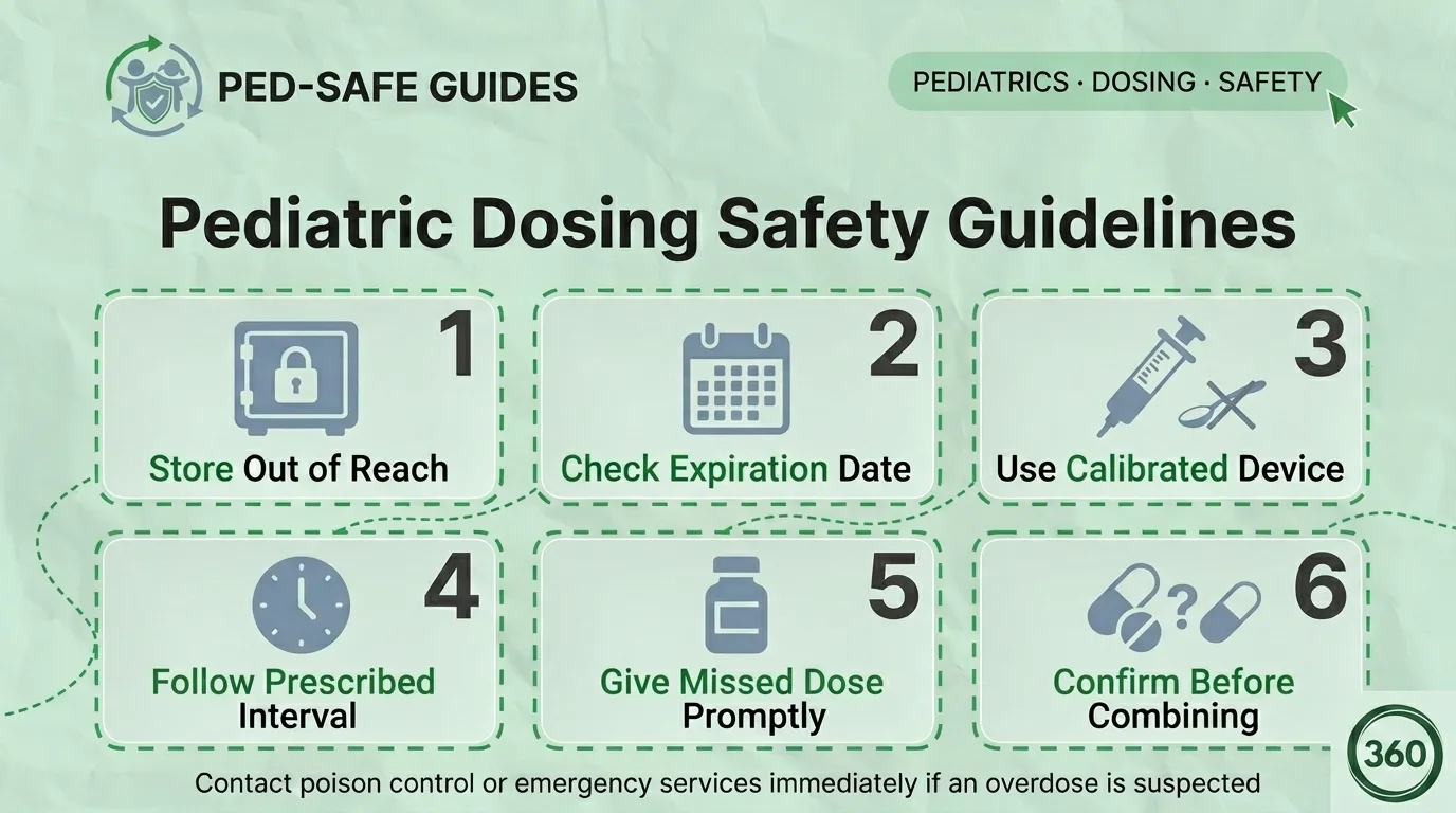Pediatric dosing safety infographic showing six guidelines for safe medication use, including proper storage, checking expiration dates, using calibrated devices, following dosing intervals, handling missed doses, and confirming before combining medicines.