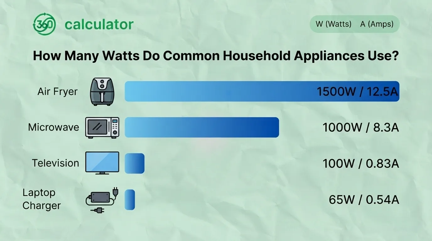 Common Household Appliance Wattage Guide Infographic showing the typical wattage and amperage of common household appliances, including an air fryer, microwave, television, and laptop charger.