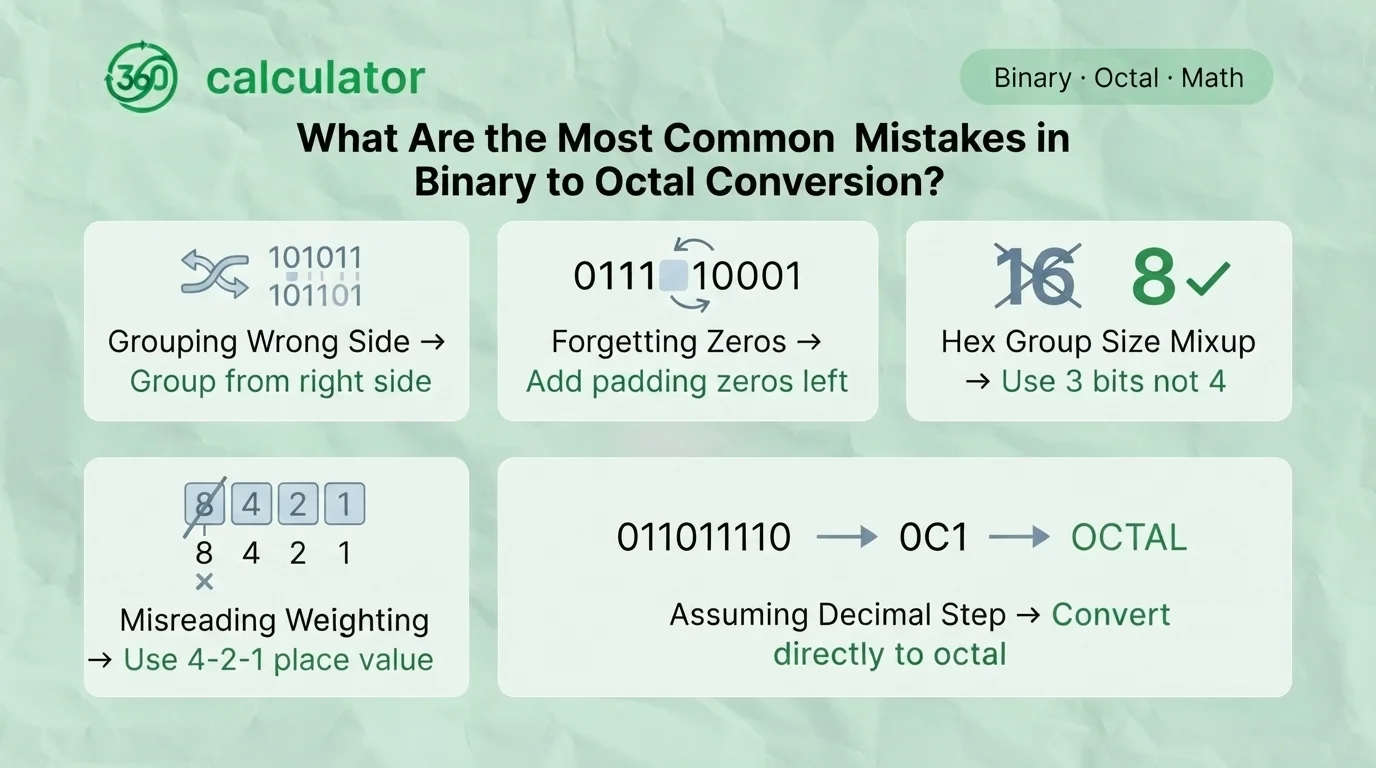 Common Mistakes in Binary-to-Octal Conversion Infographic showing common binary-to-octal conversion mistakes, including incorrect grouping, missing zeros, wrong group size, misreading place values, and skipping the decimal step.