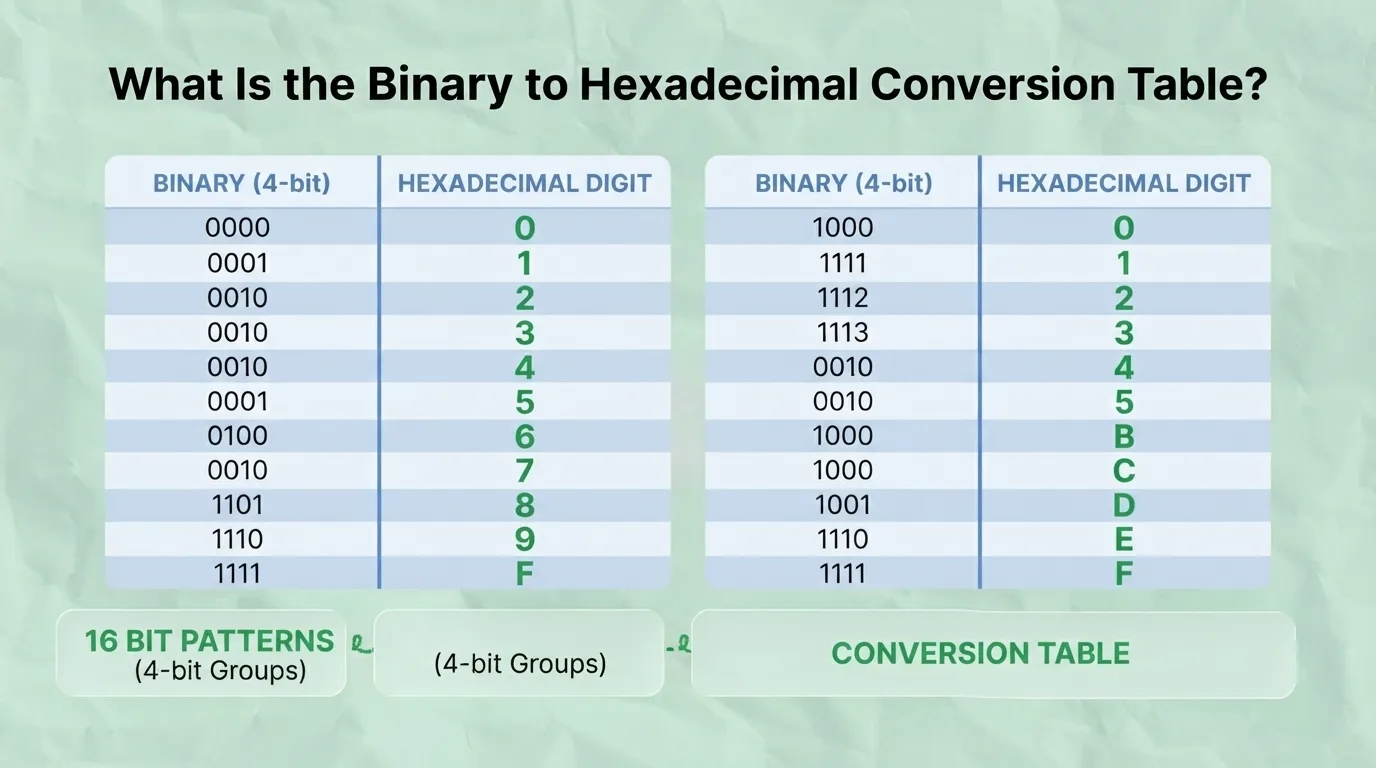 Binary to Hexadecimal Conversion Table Conversion table showing 4-bit binary patterns and their corresponding hexadecimal digits from 0 to F.