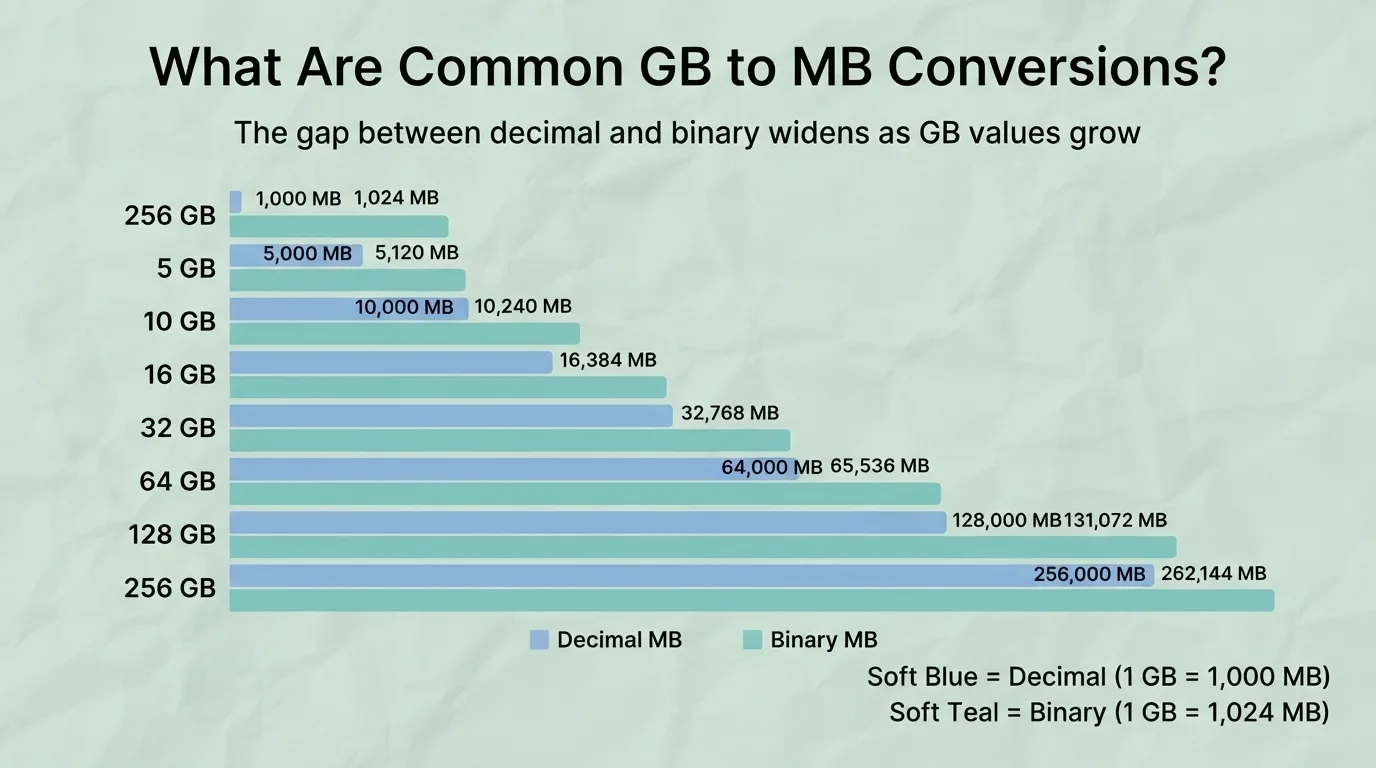 Common GB to MB Conversion Chart Common GB to MB conversions showing decimal and binary values for 5 GB to 256 GB.