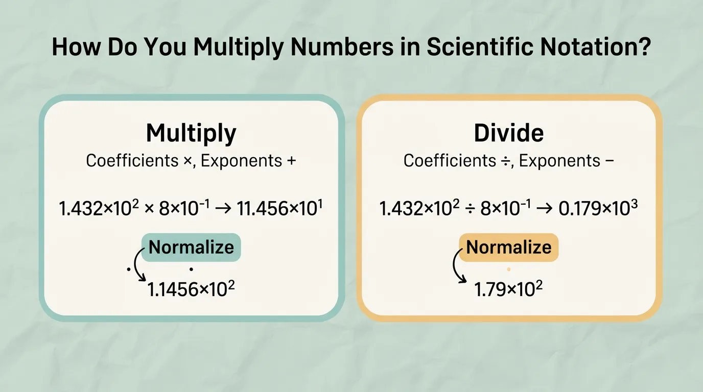 Multiplying and Dividing Numbers in Scientific Notation Scientific notation multiplication and division with coefficient and exponent rules.