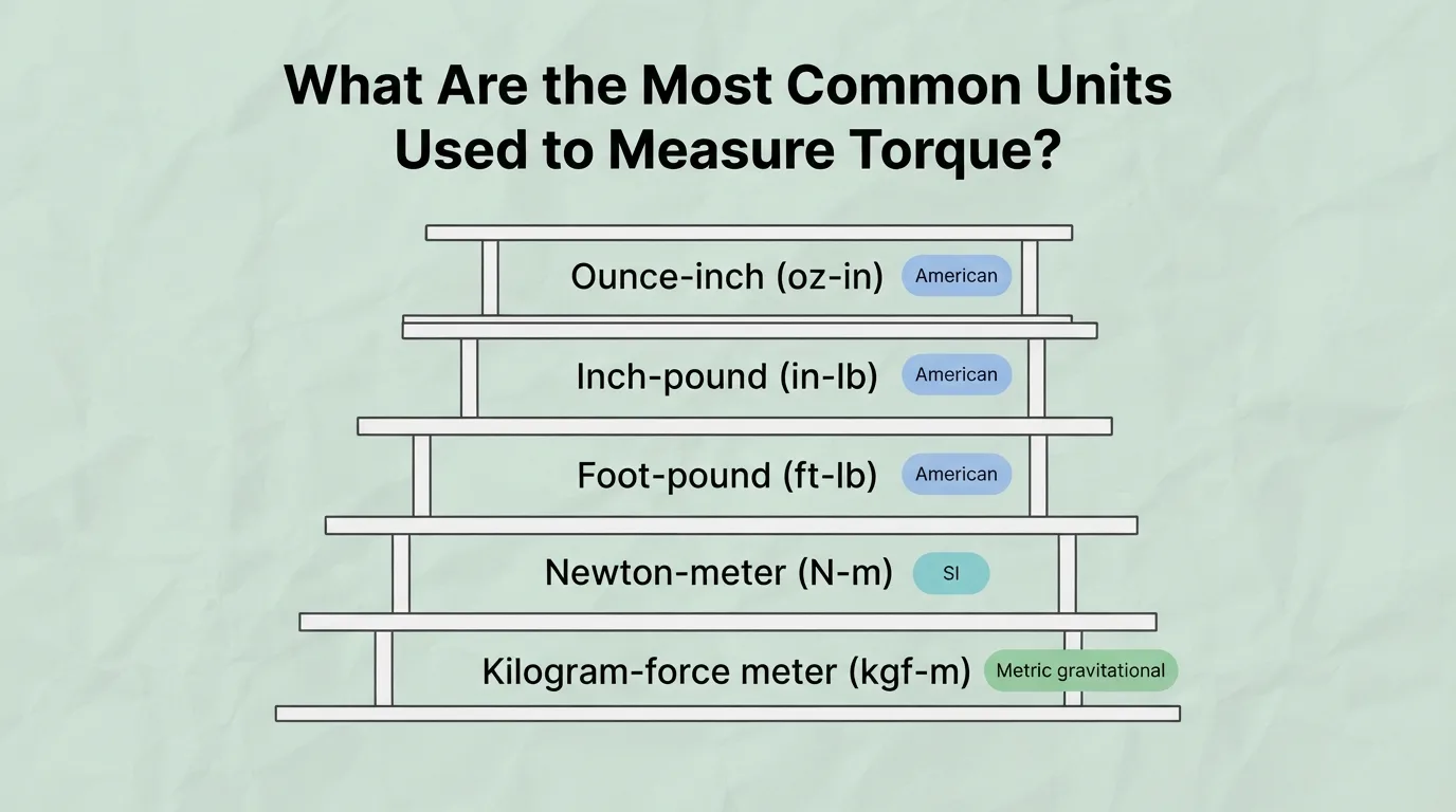 Common Torque Measurement Units Common torque measurement units including ounce-inch, inch-pound, foot-pound, Newton-meter, and kilogram-force meter.