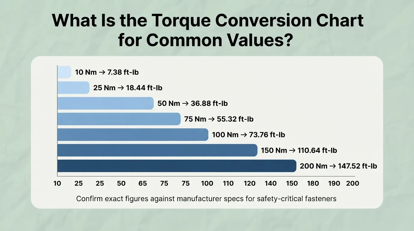 Torque Conversion Chart Torque conversion chart showing Newton-meters converted to foot-pounds for common values.