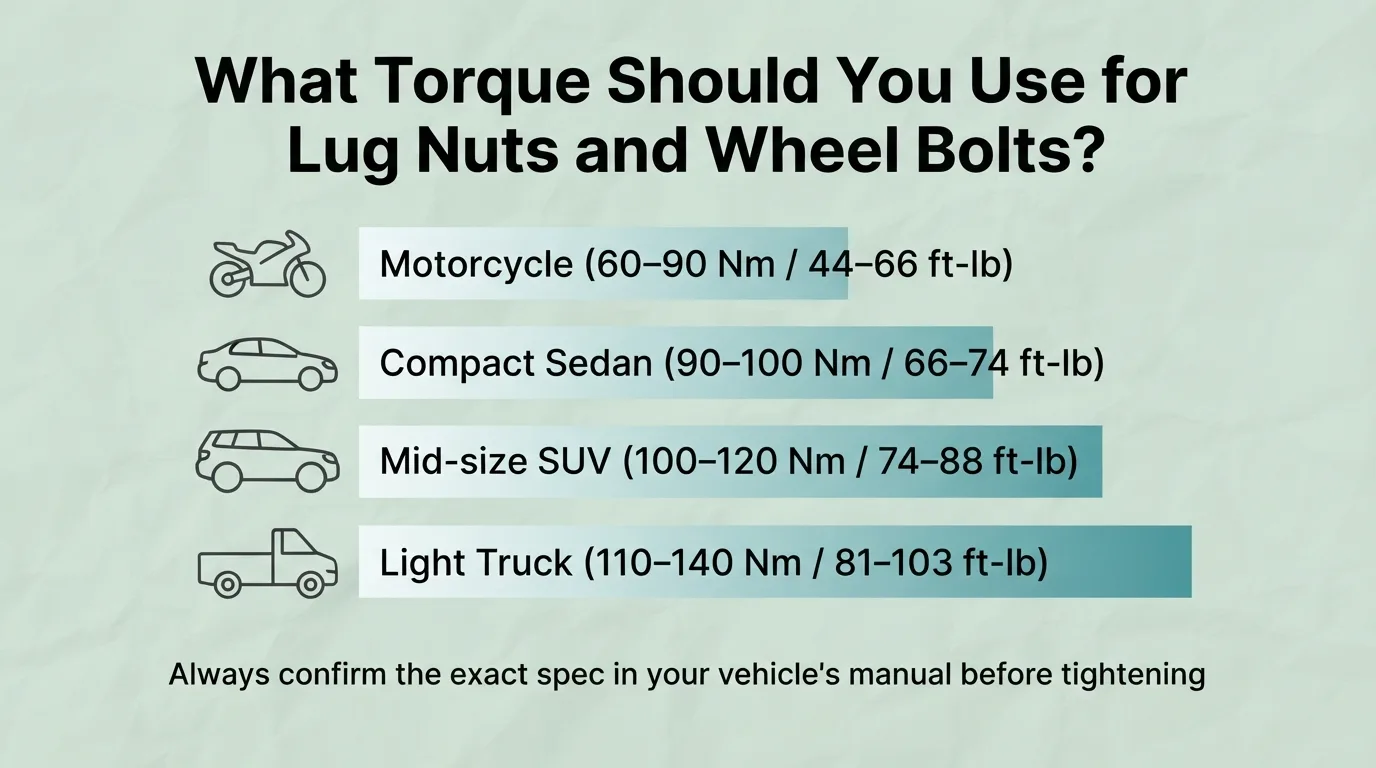 Torque Specifications for Lug Nuts and Wheel Bolts Torque recommendations for lug nuts and wheel bolts by vehicle type