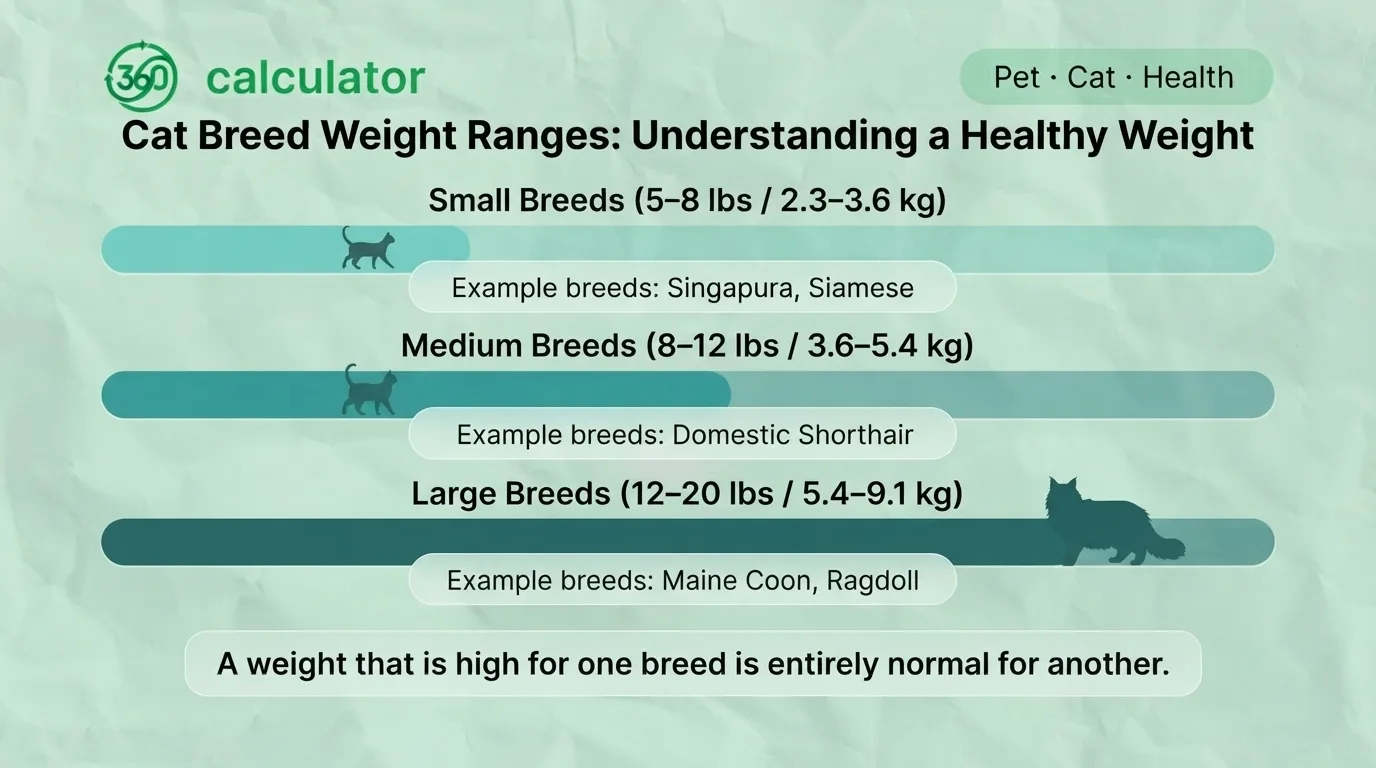 Cat breed weight ranges showing healthy weight examples for small, medium, and large cat breeds.