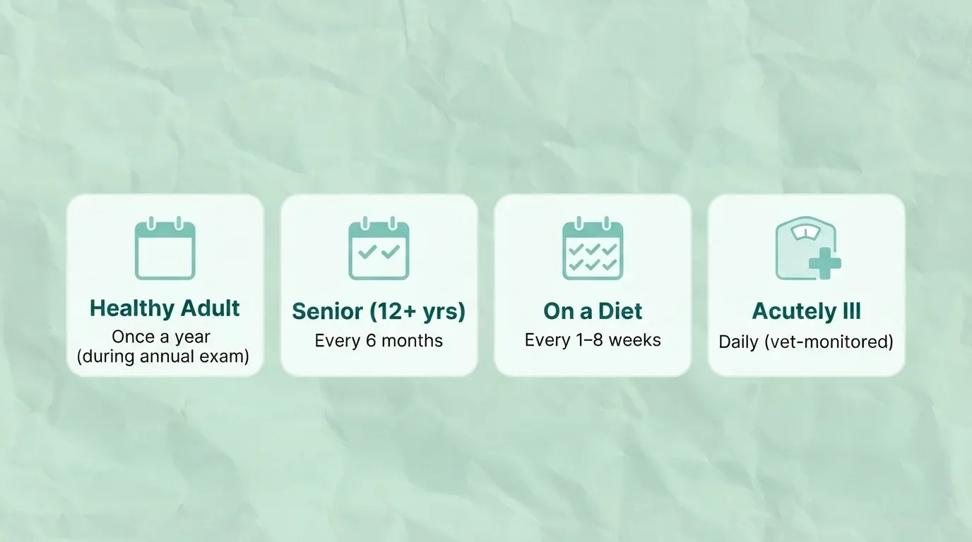 Cat weight monitoring schedule for healthy adults, senior cats, cats on a diet, and acutely ill cats.