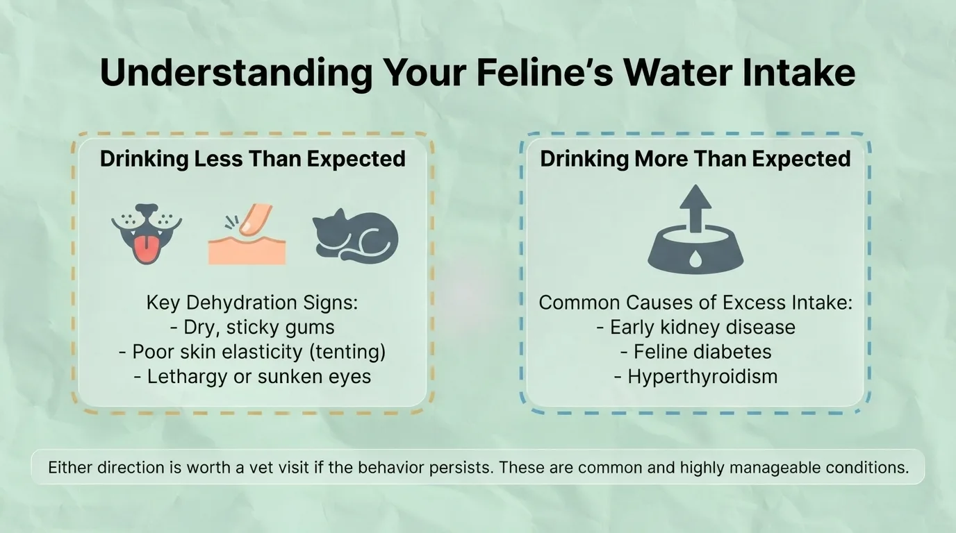 Cat water intake guide showing signs of low and excessive drinking.