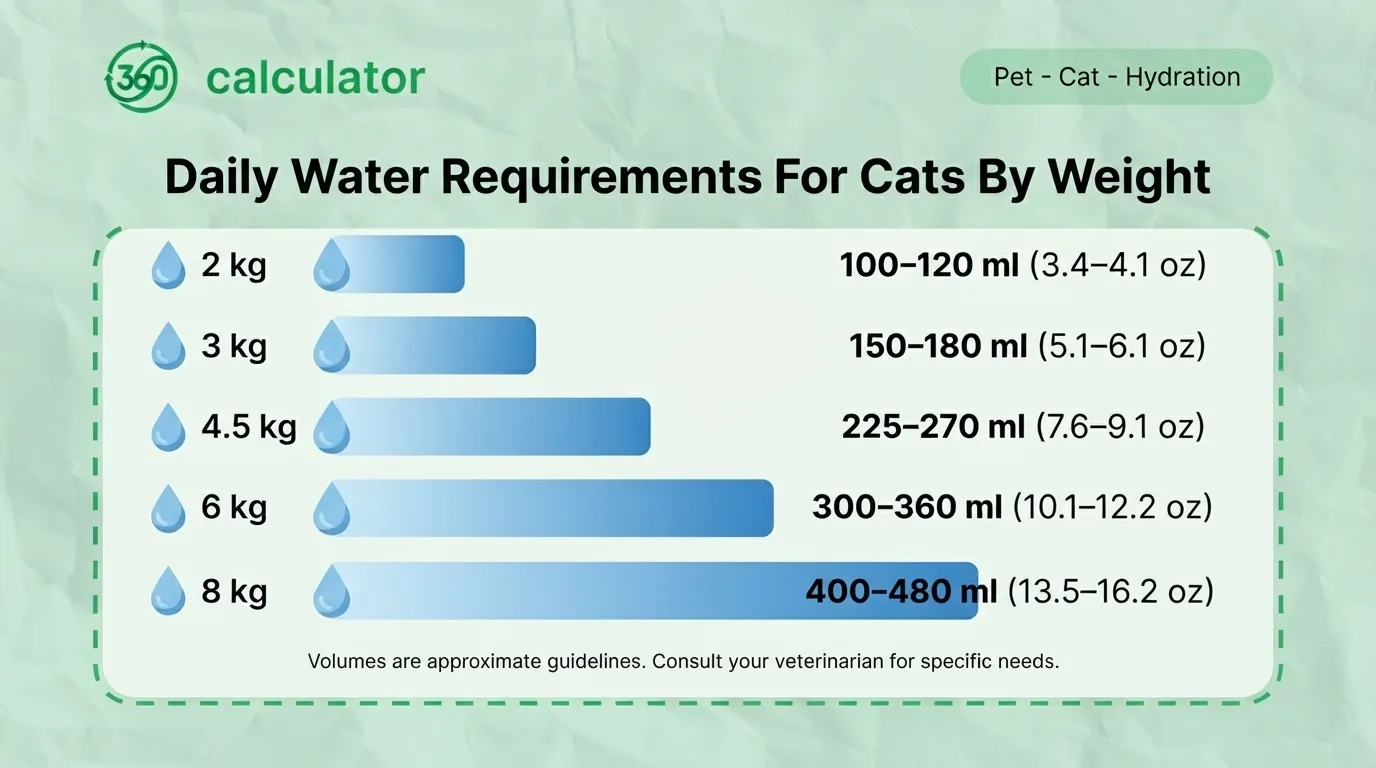 Daily water requirements for cats by body weight, from 2 kg to 8 kg.