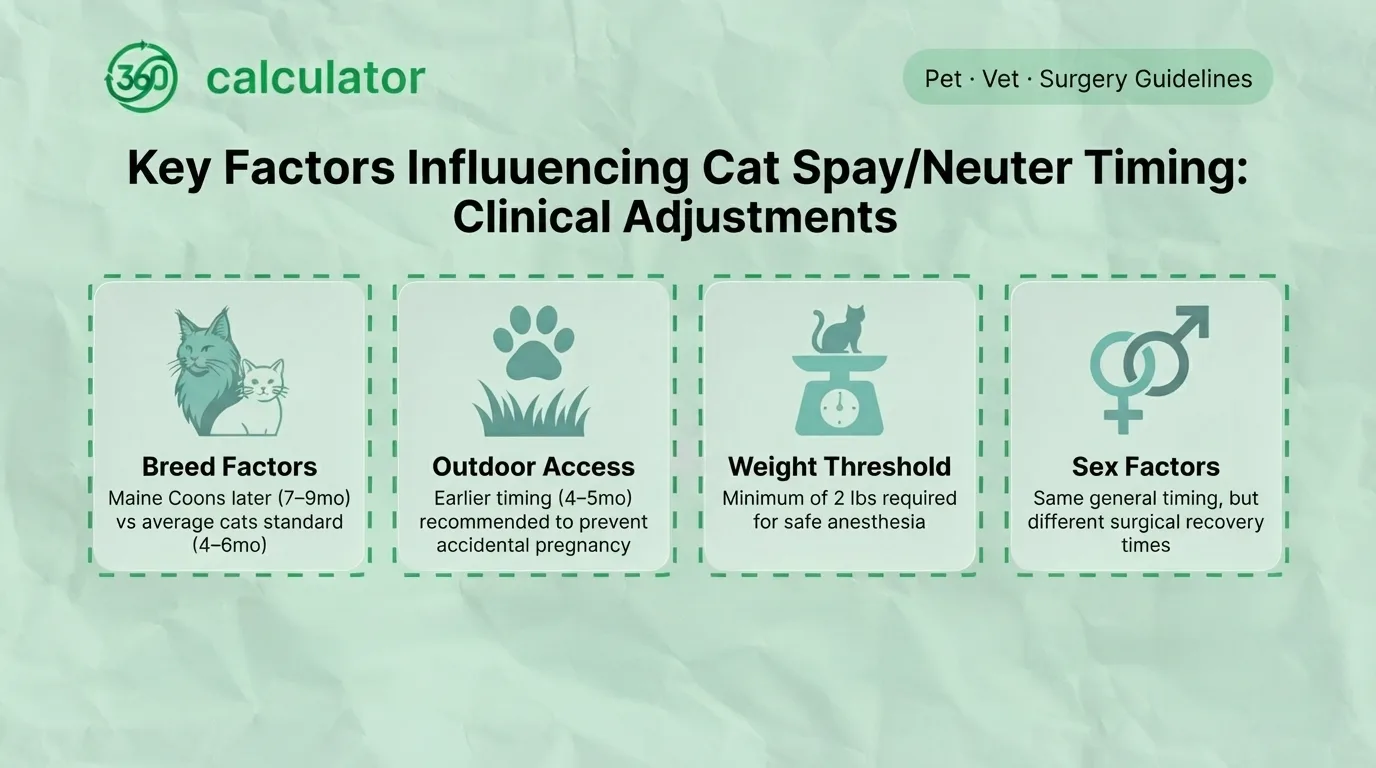 Key factors affecting cat spay and neuter timing, including breed, outdoor access, weight, and sex.