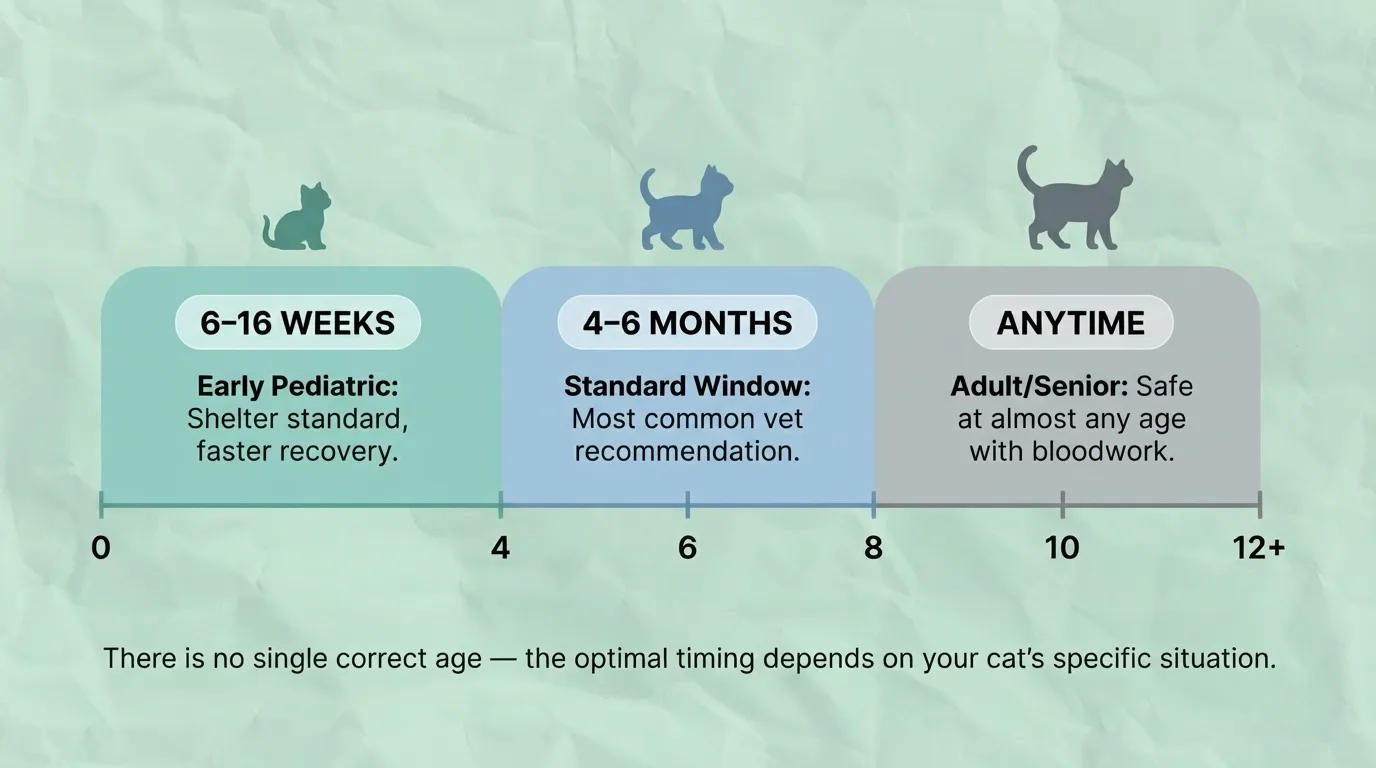 Cat spay and neuter age guidelines showing recommended timing from 6 weeks to adulthood.