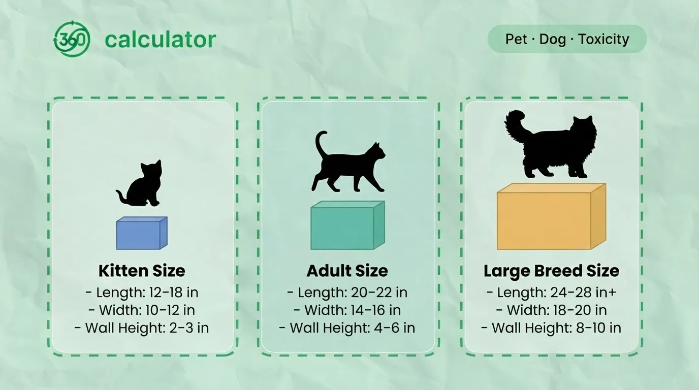 Cat litter box size guide showing recommended dimensions for kittens, adult cats, and large breeds.