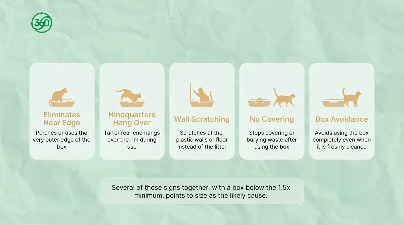 Cat litter box size guide showing signs of an undersized litter box, including edge elimination, overhanging, scratching, and box avoidance.