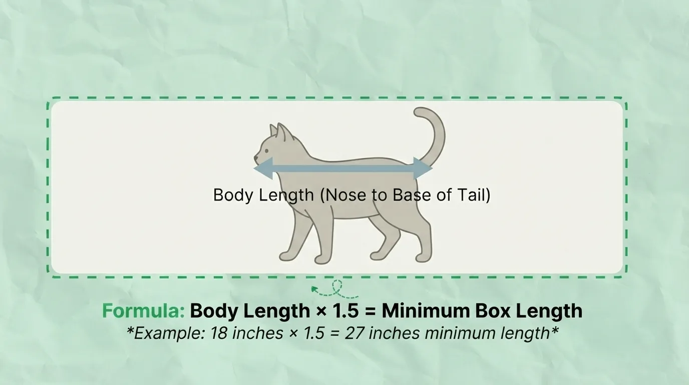Cat body length measurement guide showing how to calculate the minimum litter box length using the 1.5× body length formula.