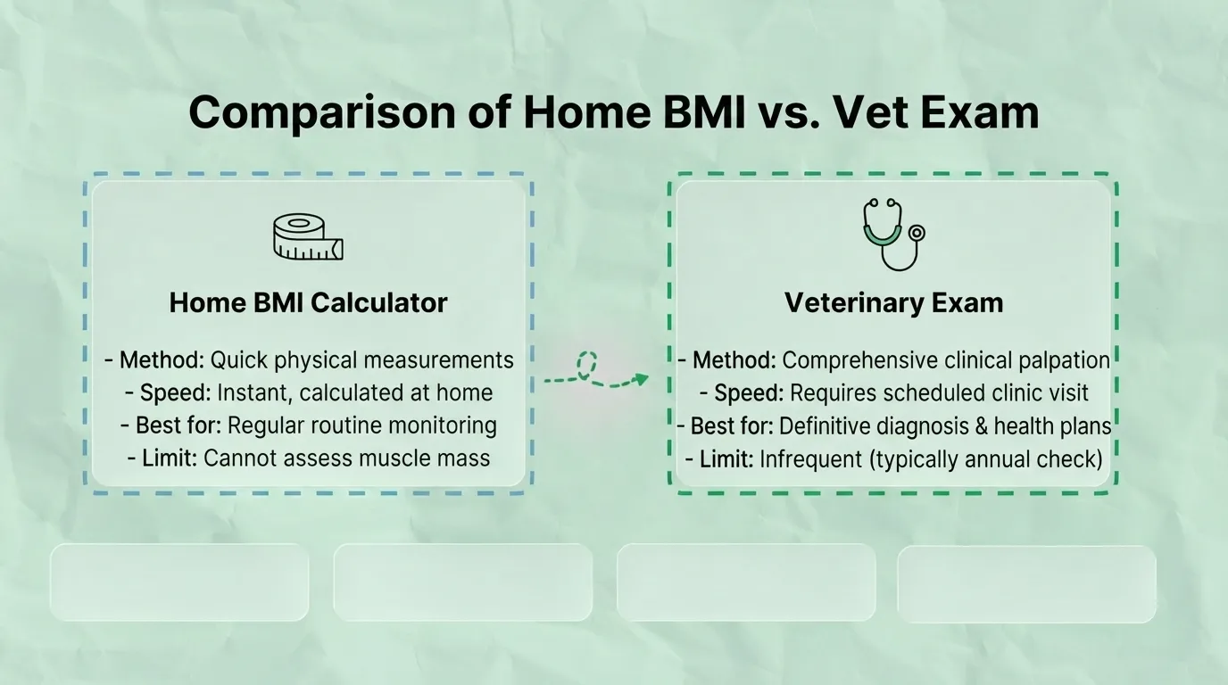 Home BMI Calculator vs. Veterinary Exam Comparison of home BMI calculator and veterinary exam for pet health assessment.