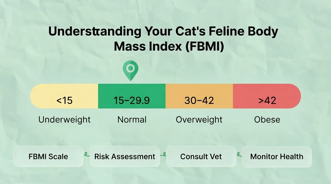 Cat FBMI Scale and Weight Classification Feline Body Mass Index (FBMI) scale showing underweight, normal, overweight, and obese cat ranges.