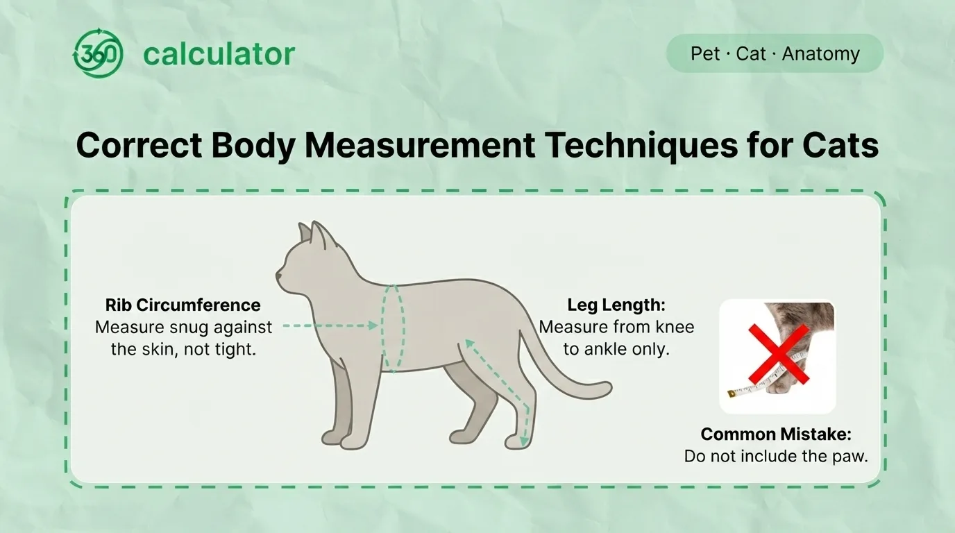 Correct Body Measurement Techniques for Cats Cat body measurement guide showing rib circumference and leg length techniques.