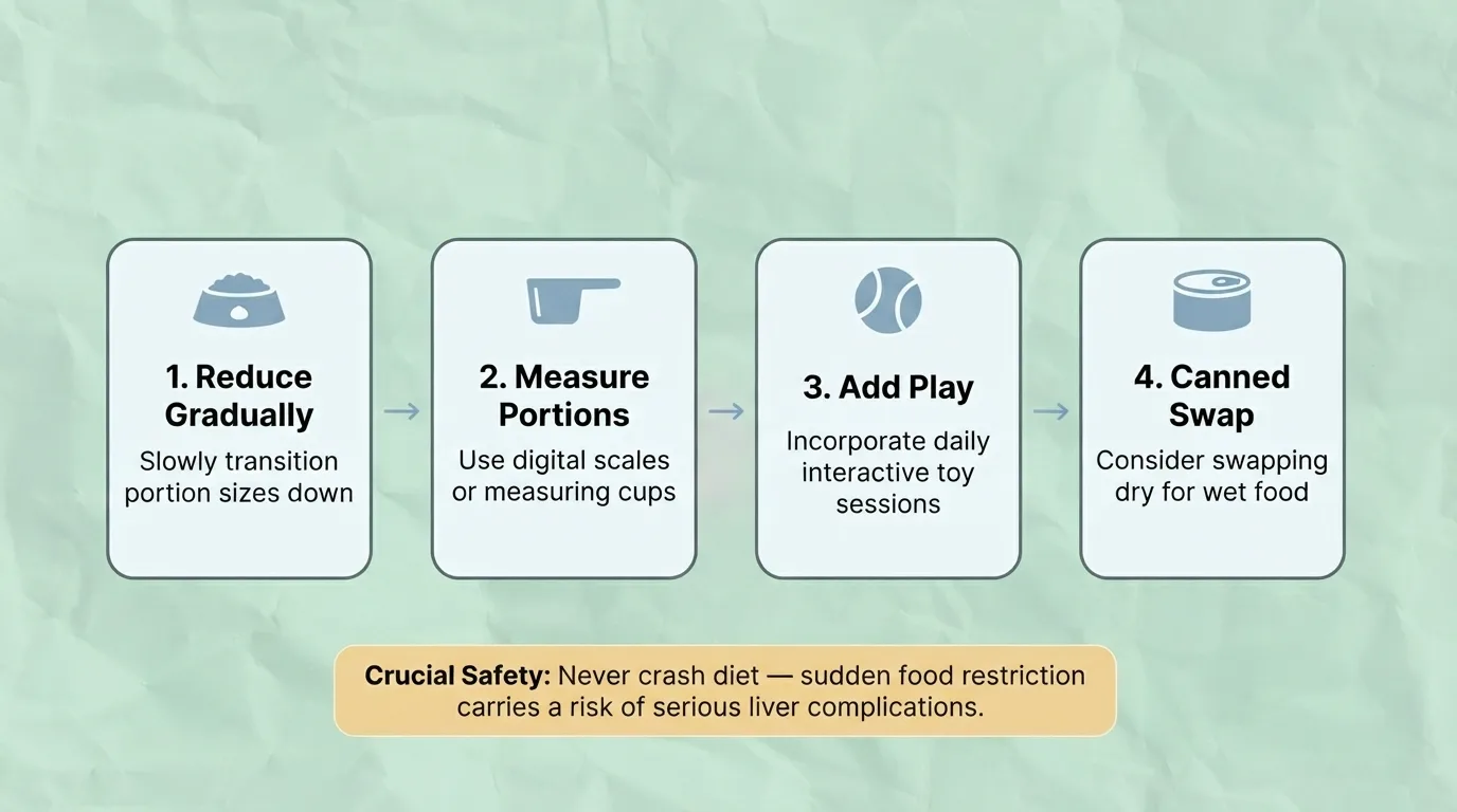 Safe Cat Weight Loss Tips and Feeding Guide Cat weight loss guide showing gradual portion reduction, portion measurement, daily play, and canned food options.