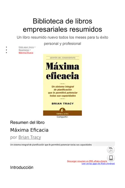 Portada del libro: Maxima Eficacia Resumen Brian Tracy