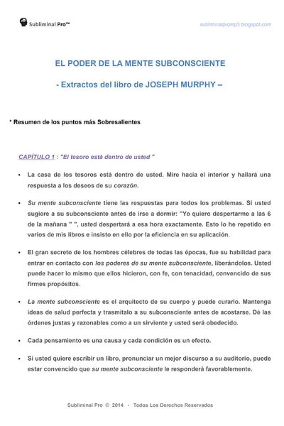 Portada del libro: El Poder De La Mente Subconsciente Extractos Del Libro De Joseph Murphy
