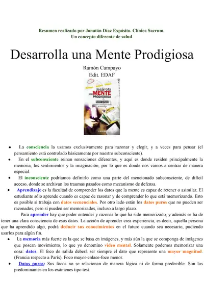 Portada del libro: Desarrolla Una Mente Prodigiosa Resumen Ramon Campayo