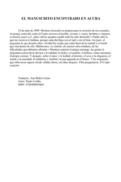 Portada del libro: Coelho Paulo El Manuscrito Encontrado En Accra