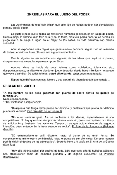 Portada del libro: 20 Reglas Para El Juego De Poder Otros