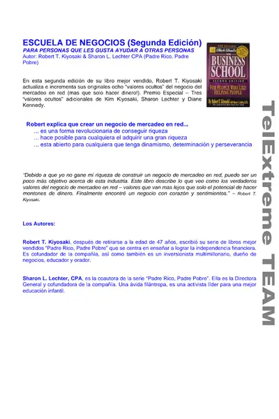 Portada del libro: Escuela De Negocios Resumen Robert T Kiyosaki