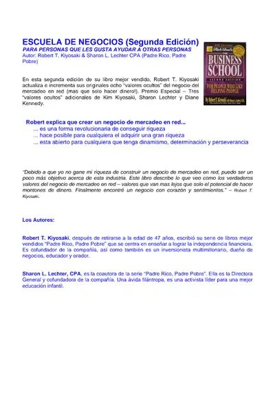 Portada del libro: ESCUELA DE NEGOCIOS   SEGUNDA EDICION   ROBERT KIYOSAKI