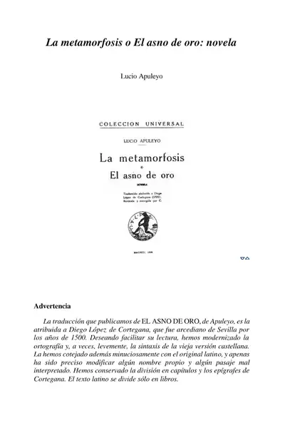 Portada del libro: Apuleyo, Lucio La Metamorfosis O El Asno De Oro
