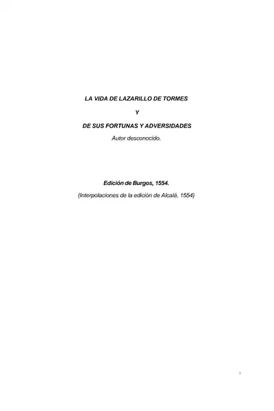 Portada del libro: La Vida De Lazarillo De Tormes
