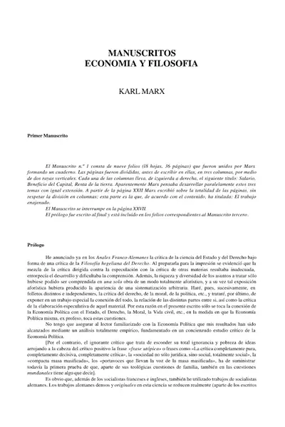 Portada del libro: Marx Karl Manuscritos De Economia Y Filosofia