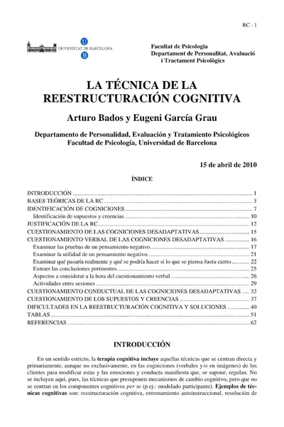 Portada del libro: 1 Reestructuracion Cognitiva Bados Y Garcia 2010
