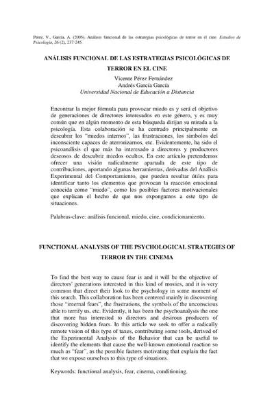 Portada del libro: 2005 Analisis Funcional De Las Estrategias Psicologica De Terror En El Cine Estudios De Psicologia