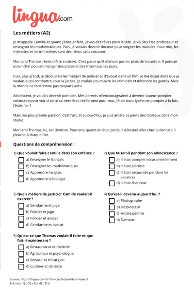 Portada del libro: Francais Texte Les Metiers