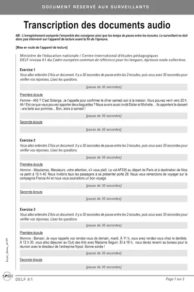 Portada del libro: Transcription Examen A1 Adulte Delf