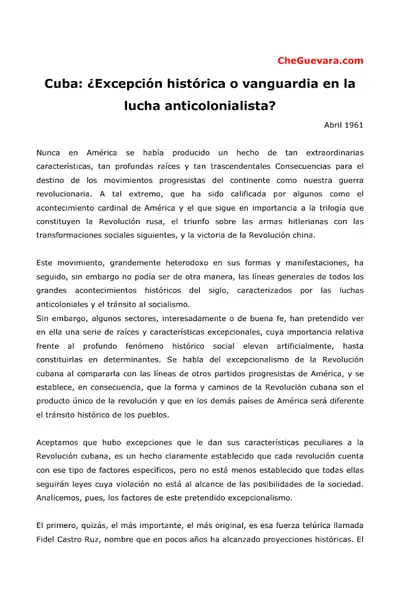 Portada del libro: Guevara, Ernesto Che Cuba Excepcion Historica O Vanguardia En La Lucha Anticolonialista