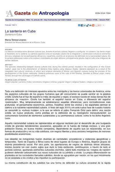 Portada del libro: La SanteríA En Cuba, MaríA Teresa Linares