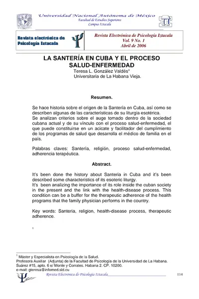 Portada del libro: La SanteríA En Cuba Y El Proceso Salud Enfermedad Autor Teresa L GonzáLez ValdéS
