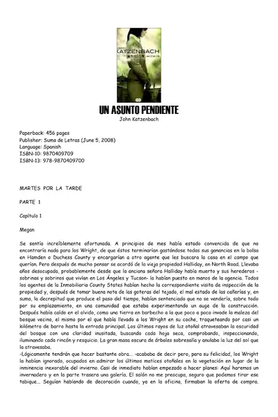 Portada del libro: John Katzenbach Un Asuento Pendiente