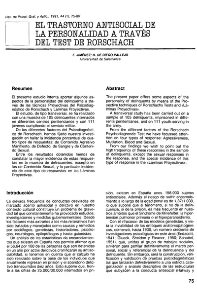 Portada del libro: El Trastorno Antisocial De La Personalidad A TravéS Del Test De Rorschach