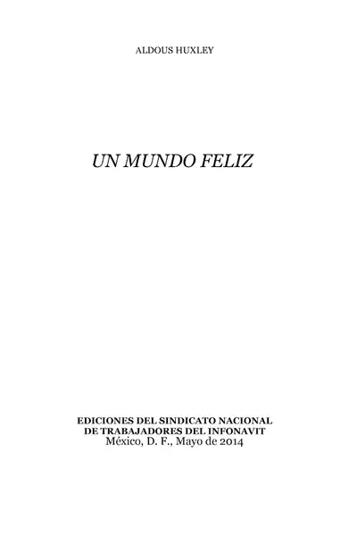 Portada del libro: Un Mundo Feliz Aldous Huxley