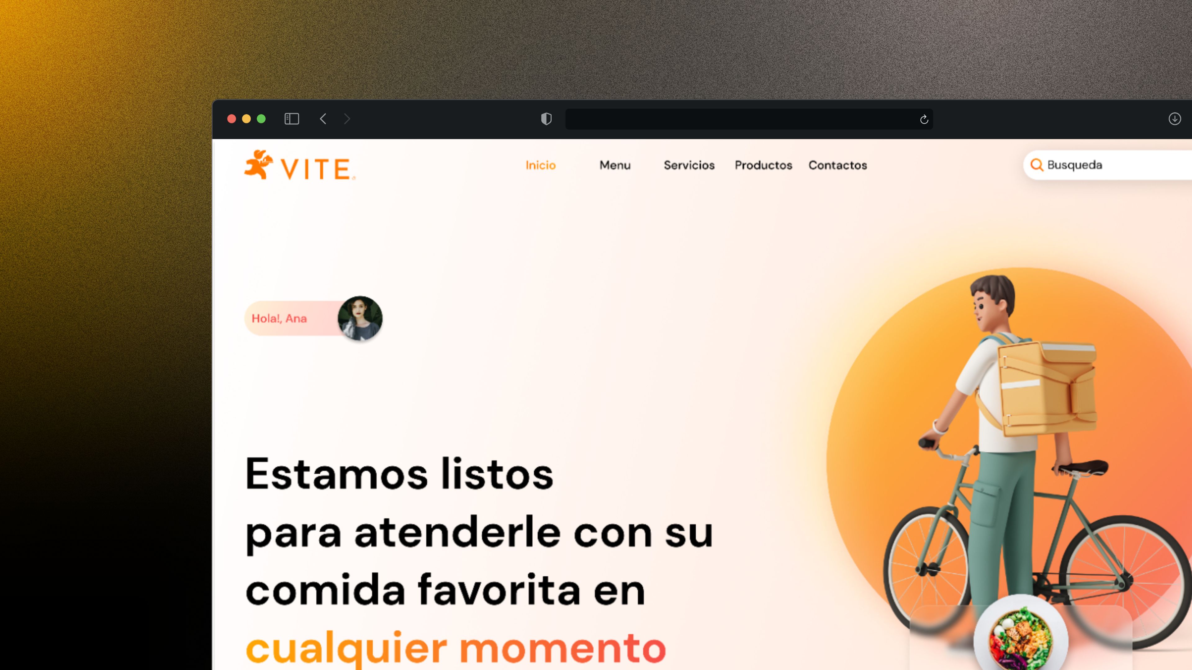 Captura de pantalla del proyecto Concepto App de Delivery - Concepto de aplicación web de delivery desarrollado desde la identidad de marca hasta la implementación, priorizando UI/UX y rendimiento con JavaScript vanilla.