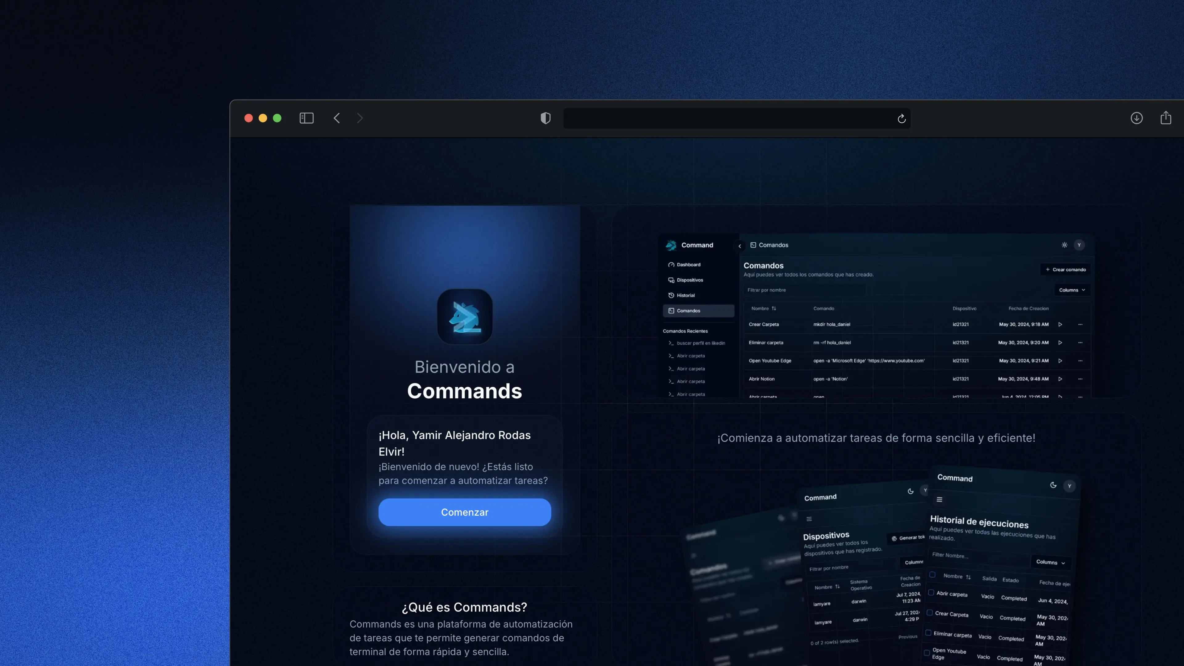 Captura de pantalla del proyecto Command Executor - Plataforma avanzada que permite crear y ejecutar comandos de terminal remotamente a través de una interfaz web intuitiva. Integra inteligencia artificial para generar comandos personalizados