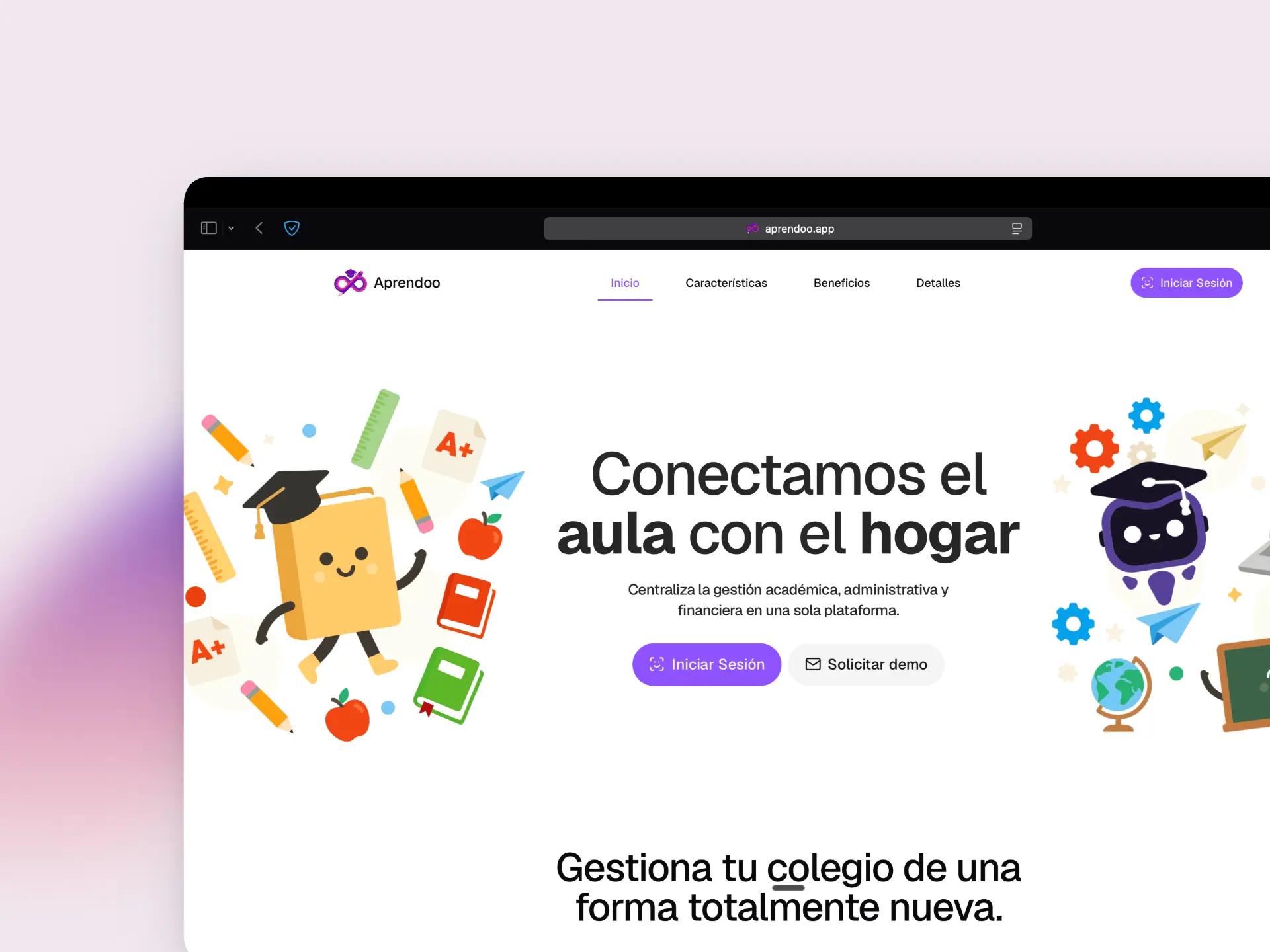 Captura de pantalla del proyecto Aprendoo - Plataforma de gestión escolar que centraliza la operación académica, administrativa y financiera de una institución.