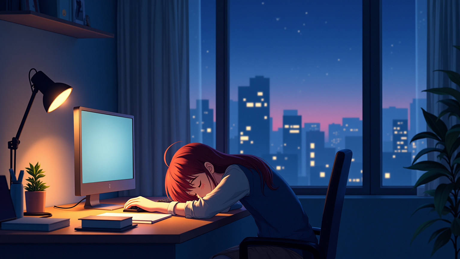 A person working late at a computer desk in a dimly lit room, with a view of a city skyline outside the window at night.