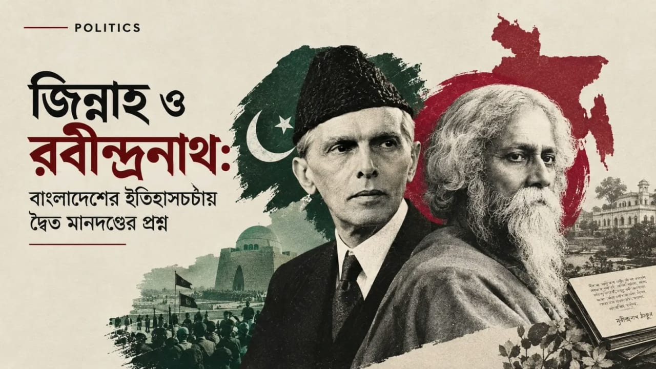 জিন্নাহ ও রবীন্দ্রনাথ: বাংলাদেশের ইতিহাসচর্চায় দ্বৈত মানদণ্ডের প্রশ্ন। রবীন্দ্রনাথ ঠাকুর ও মোহাম্মদ আলী জিন্নাহর ছবি পাশাপাশি। সাথে ভারত ও পাকিস্তানের মানচিত্র