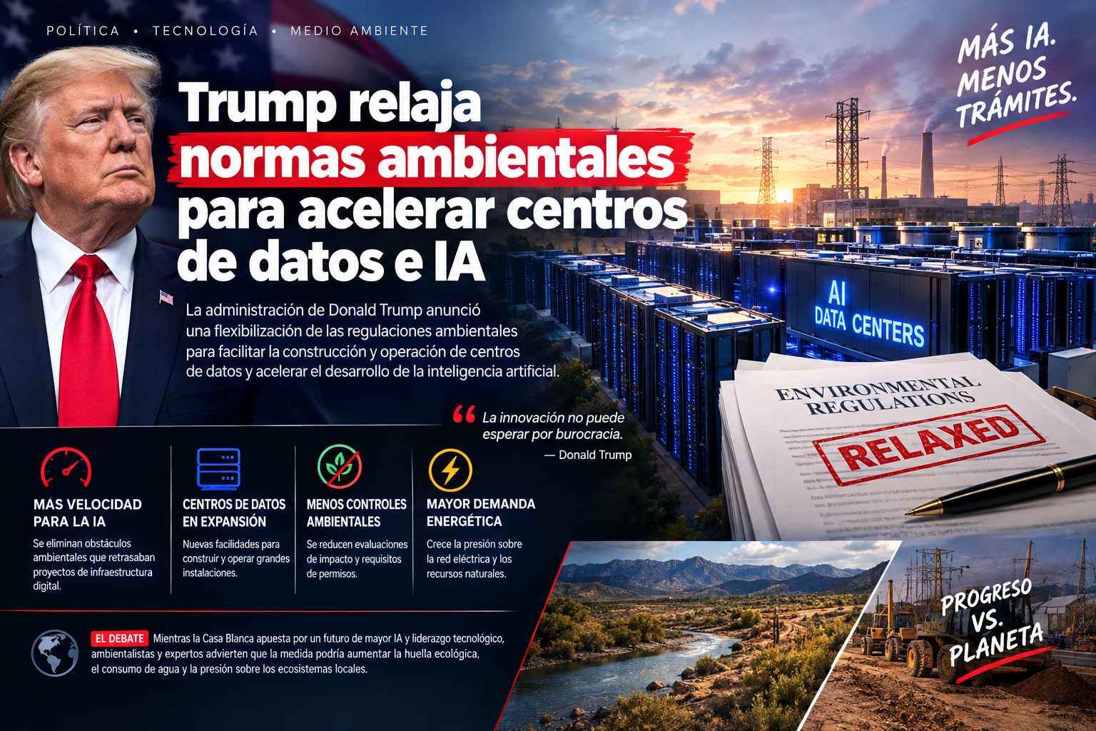 Trump relaja normas ambientales para acelerar centros de datos e IA