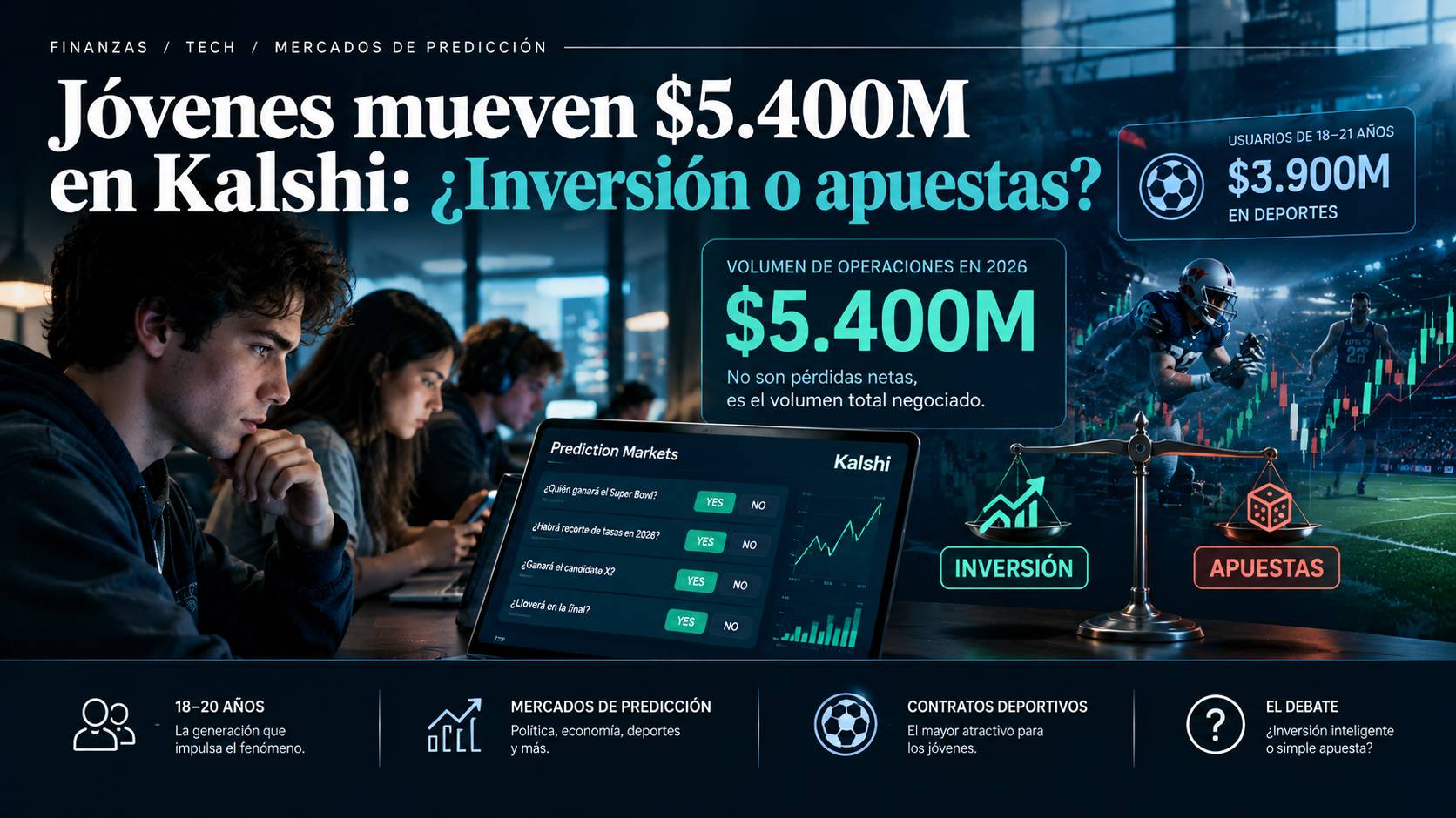 Jóvenes mueven $5.400M en Kalshi: ¿Inversión o apuestas?
