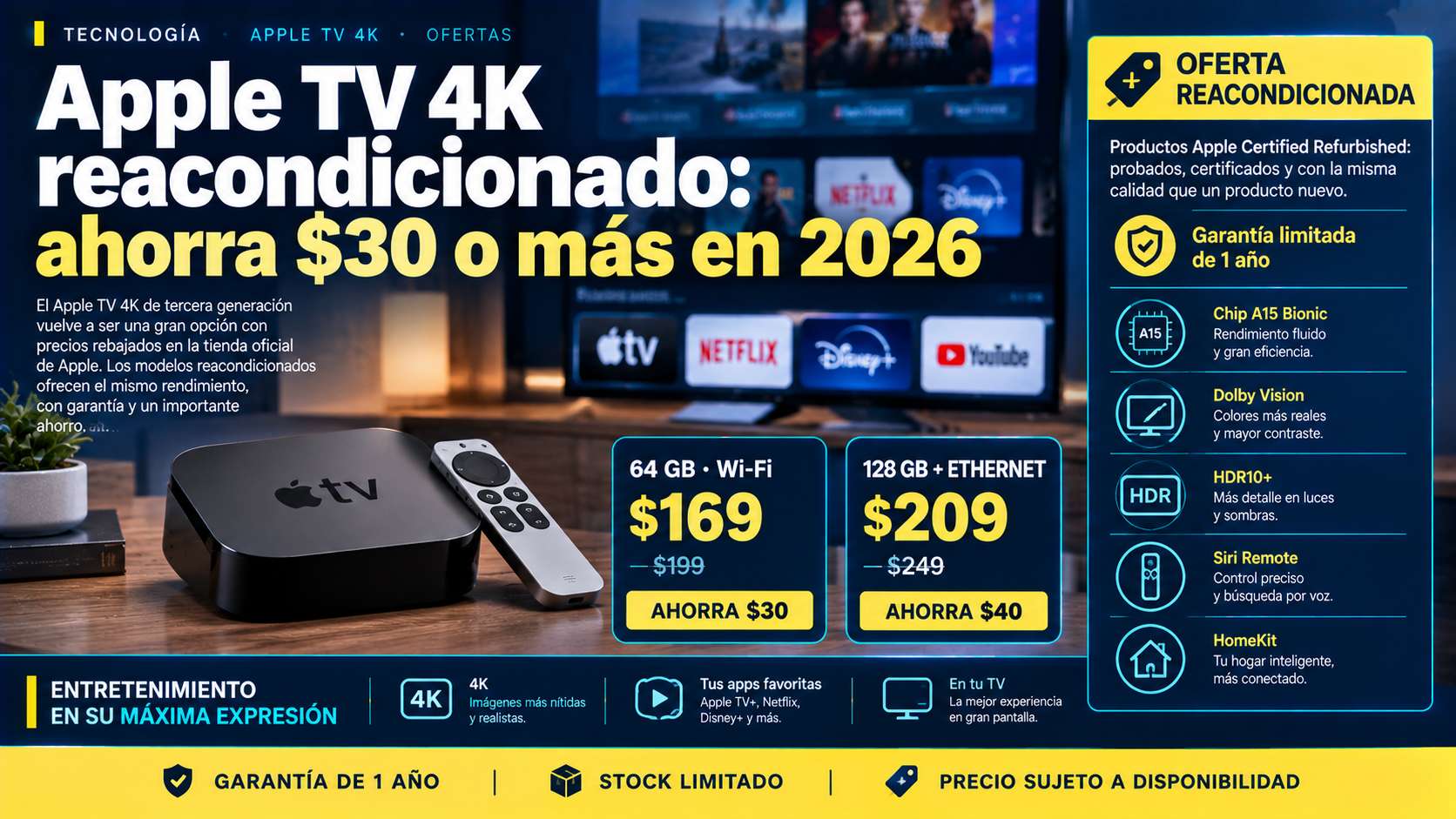 Apple TV 4K reacondicionado: ahorra $30 o más en 2026